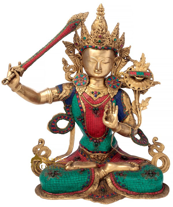 Brass Large Manjushri Statue Bodhisattva Buddha Idol Décor Showpiece 2.5 Feet - Eco-friendly - Sama Homes