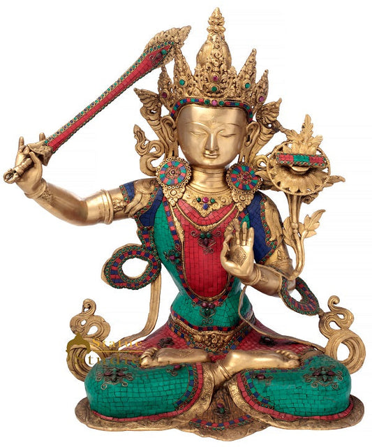 Brass Large Manjushri Statue Bodhisattva Buddha Idol Décor Showpiece 2.5 Feet
