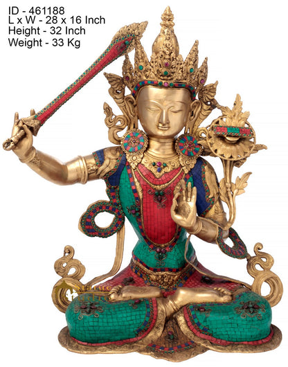 Brass Large Manjushri Statue Bodhisattva Buddha Idol Décor Showpiece 2.5 Feet by vendor-unknown - Buddha (View 5)