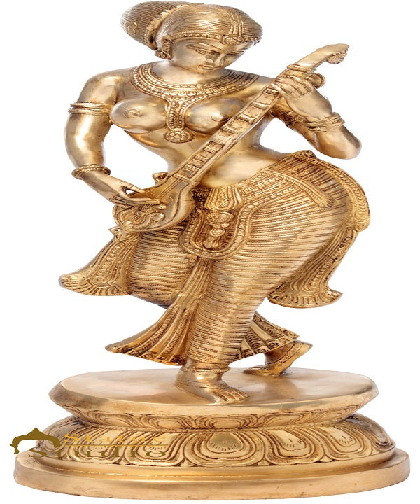 Brass Large Standing Saraswati Idol With Sitar Home Office Décor Statue 3 Feet - Image 2