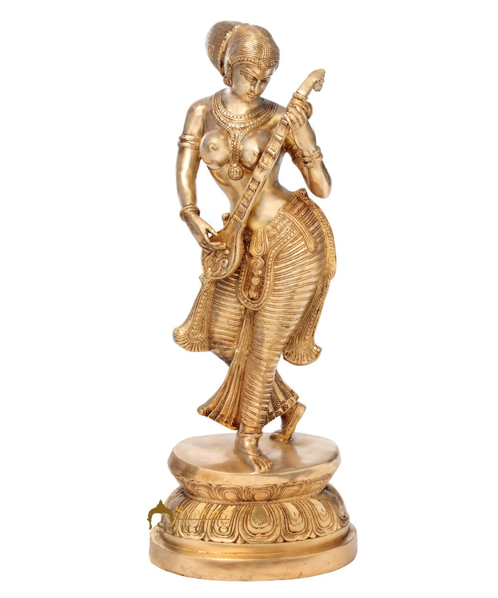 Brass Large Standing Saraswati Idol With Sitar Home Office Décor Statue 3 Feet - Eco-friendly - Sama Homes