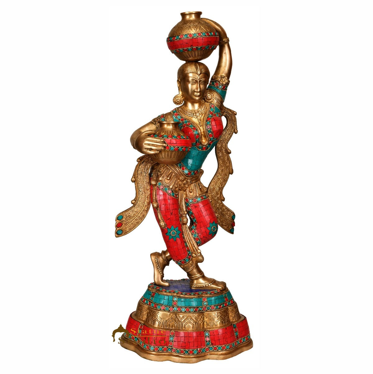 Brass Large Size Indian Matka Lady Statue Home Garden Décor Showpiece 27" - Image 2