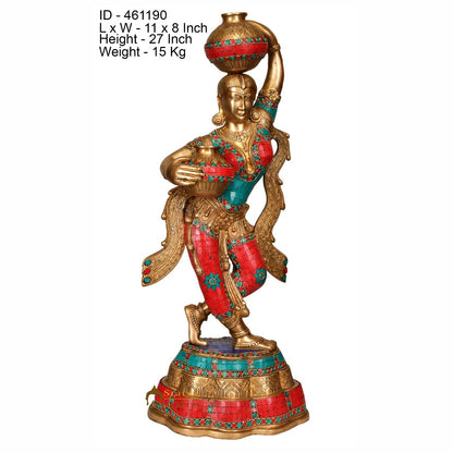 Brass Large Size Indian Matka Lady Statue Home Garden Décor Showpiece 27" by vendor-unknown - Decor (View 4)