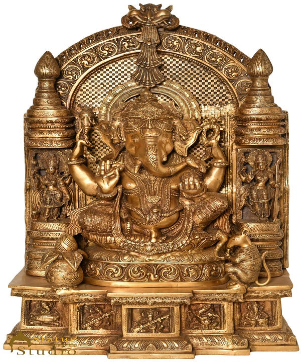 Brass large Size Temple Ganesha Idol Décor Lucky Gift Ganpati Statue 33" - Eco-friendly - Sama Homes