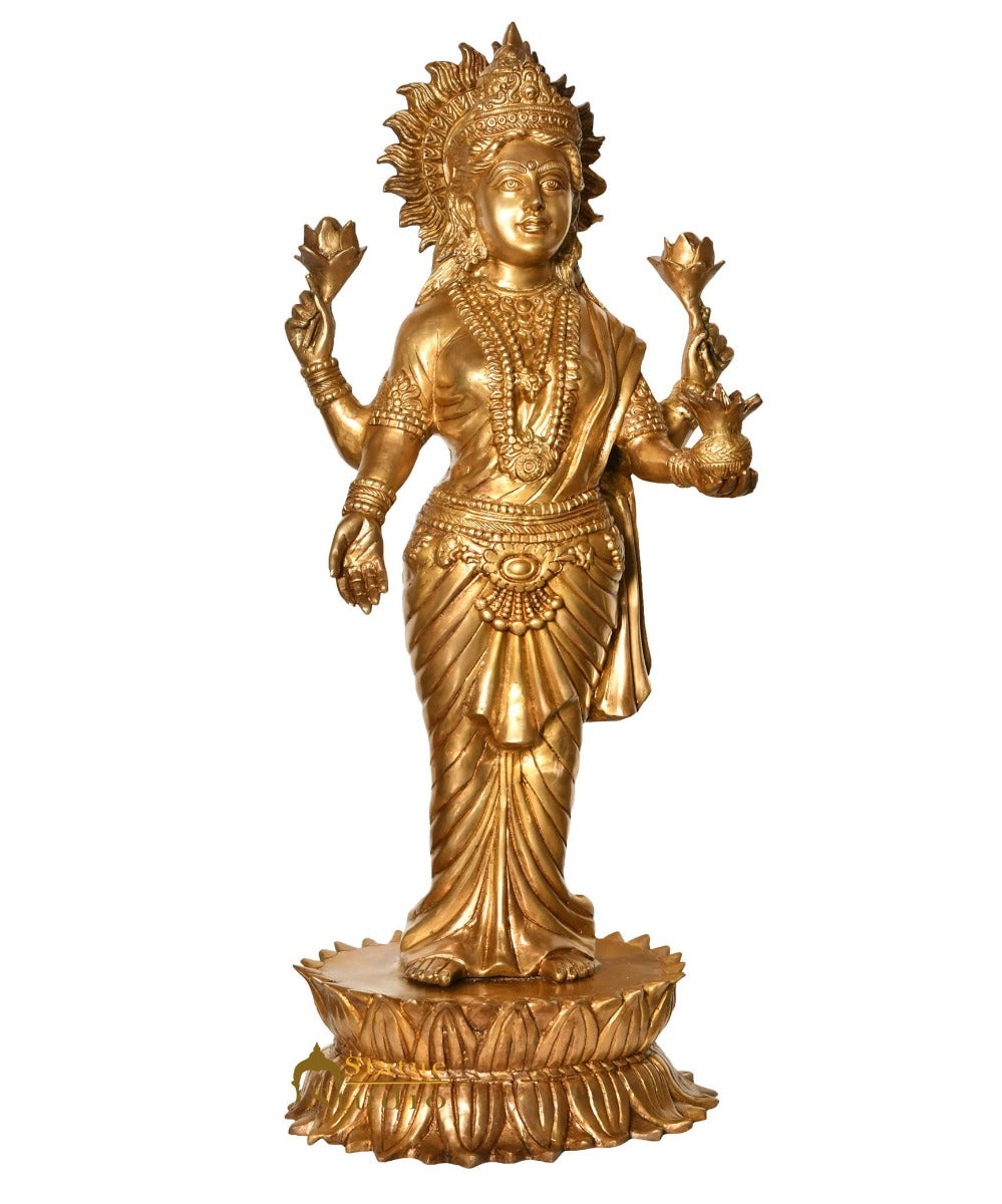 Brass Large Lakshmi Idol Goddess Of Wealth Laxmi Standing On Pedestal Statue 39"