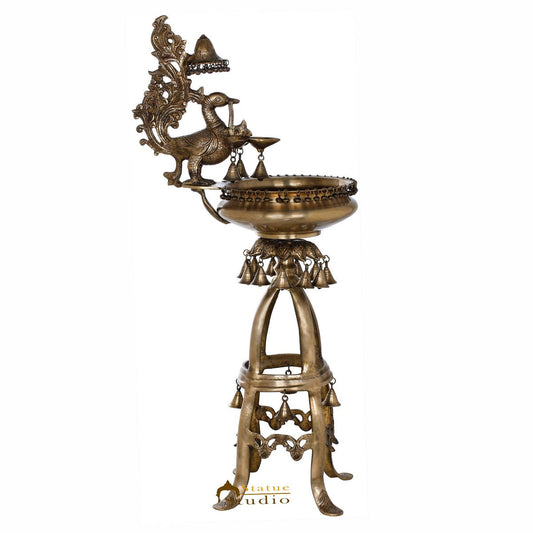 Brass Large Peacock Lamp Temple Home Décor Diya With Urli And Bells 3.5 Feet