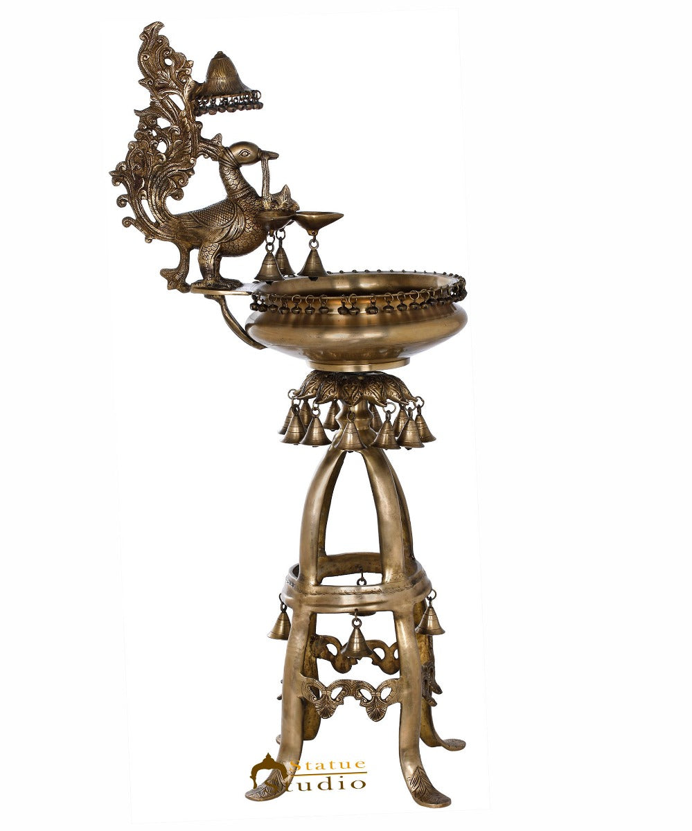 Brass Large Peacock Lamp Temple Home Décor Diya With Urli And Bells 3.5 Feet - Image 2