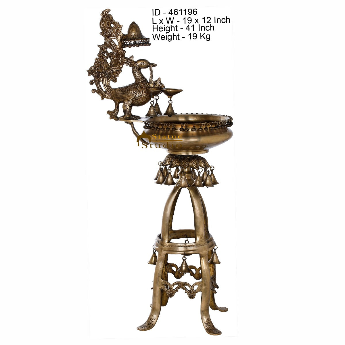 Brass Large Peacock Lamp Temple Home Décor Diya With Urli And Bells 3.5 Feet