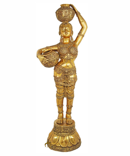 Brass Large Indian Matka Pot Lady Celestial Décor Showpiece Statue 5 Feet