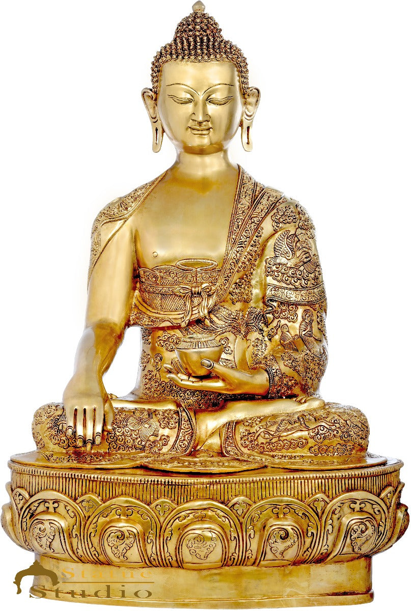 Brass Antique Buddha Statue Life Story Carved On Robe Décor Idol Showpiece 3 Ft - Image 2
