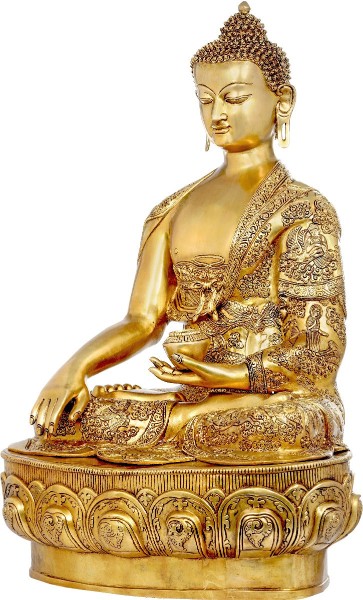 Brass Antique Buddha Statue Life Story Carved On Robe Décor Idol Showpiece 3 Ft - Image 3
