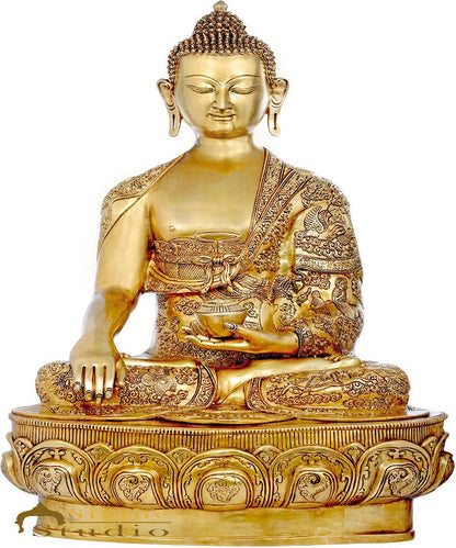 Brass Antique Buddha Statue Life Story Carved On Robe Décor Idol Showpiece 3 Ft by vendor-unknown - Buddha