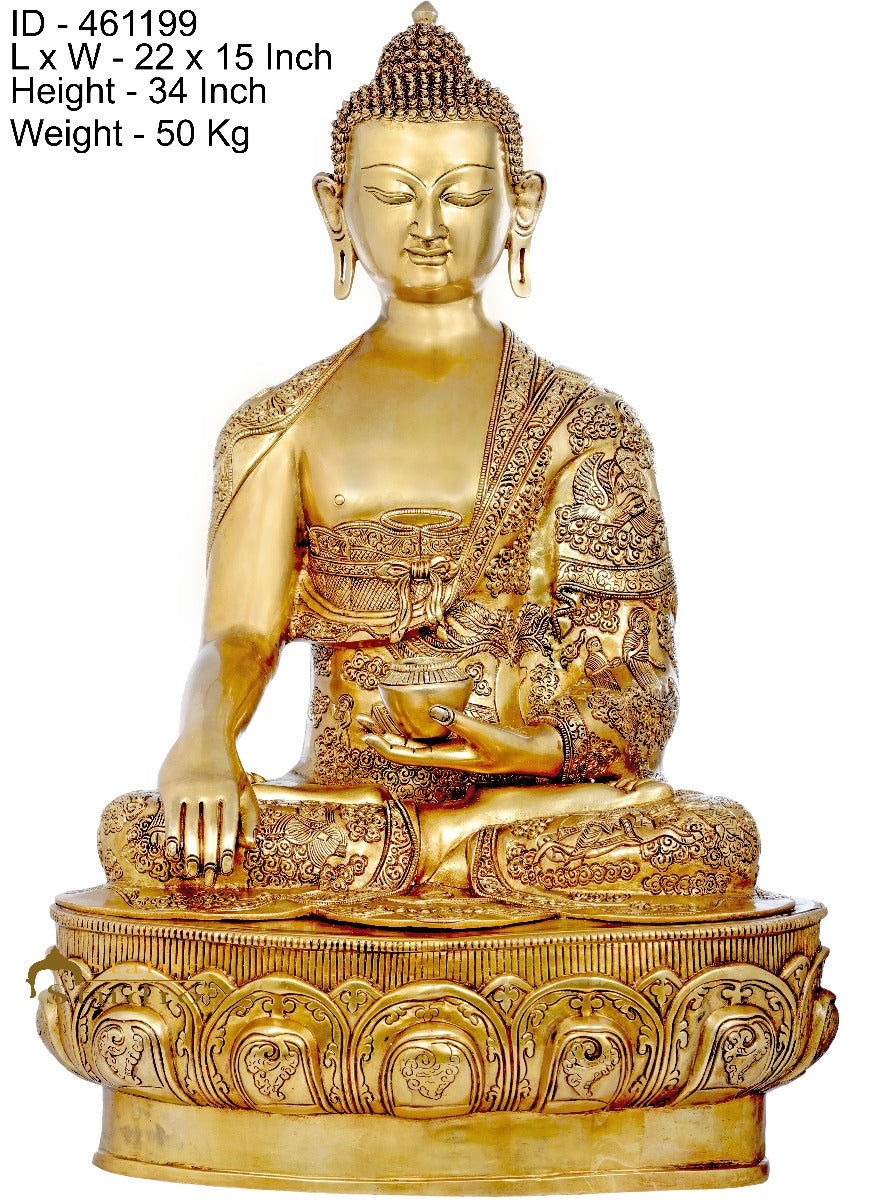 Brass Antique Buddha Statue Life Story Carved On Robe Décor Idol Showpiece 3 Ft