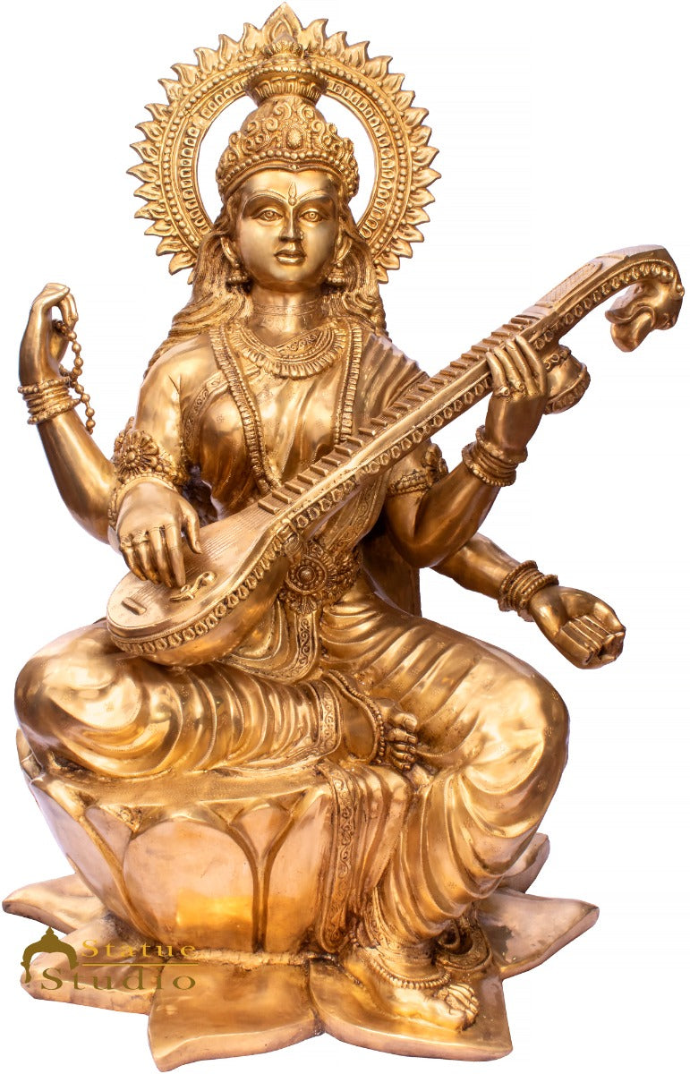 Brass Large Saraswati Idol Sitting On Lotus Home School Décor Statue 4.5 Feet - Image 2