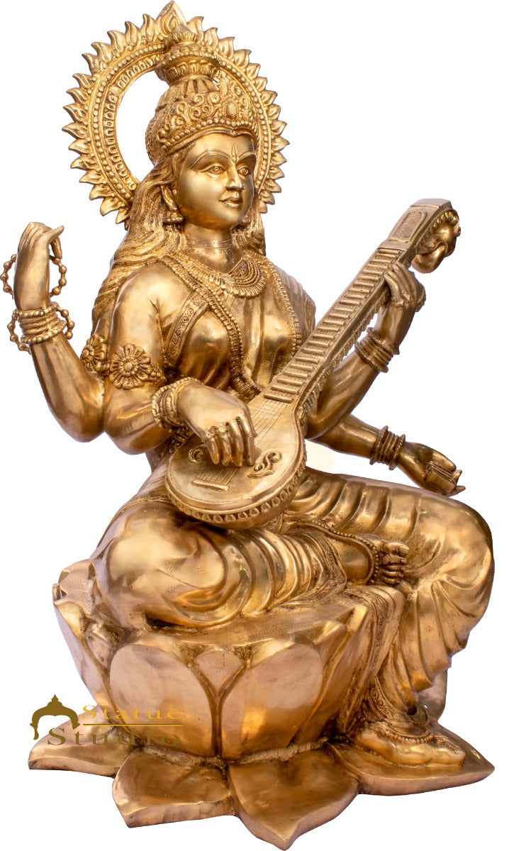 Brass Large Saraswati Idol Sitting On Lotus Home School Décor Statue 4.5 Feet - Image 3