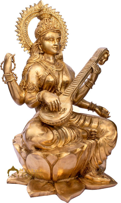 Brass Large Saraswati Idol Sitting On Lotus Home School Décor Statue 4.5 Feet by vendor-unknown - Hindu Gods (View 3)