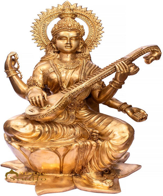 Brass Large Saraswati Idol Sitting On Lotus Home School Décor Statue 4.5 Feet
