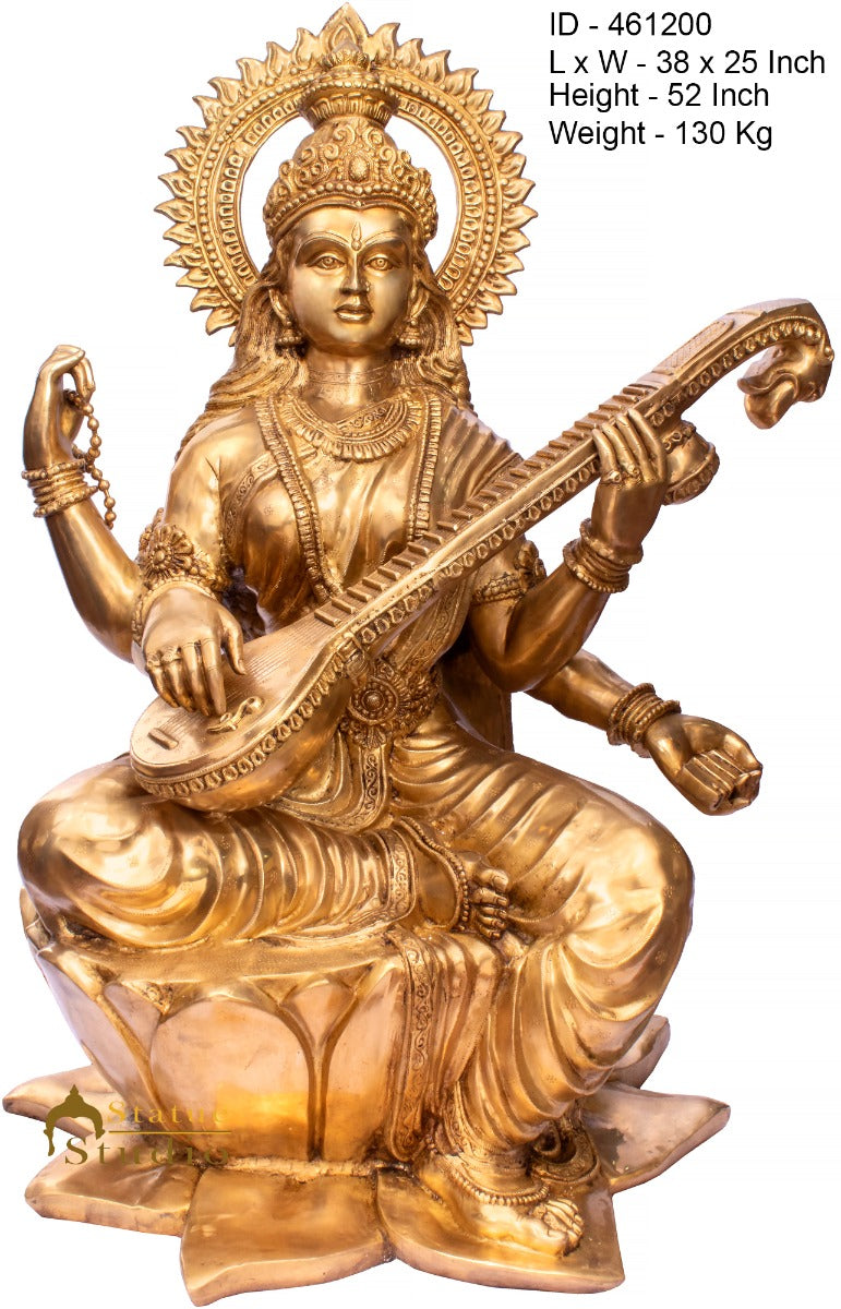 Brass Large Saraswati Idol Sitting On Lotus Home School Décor Statue 4.5 Feet