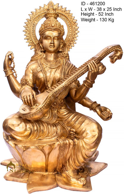 Brass Large Saraswati Idol Sitting On Lotus Home School Décor Statue 4.5 Feet by vendor-unknown - Hindu Gods (View 5)