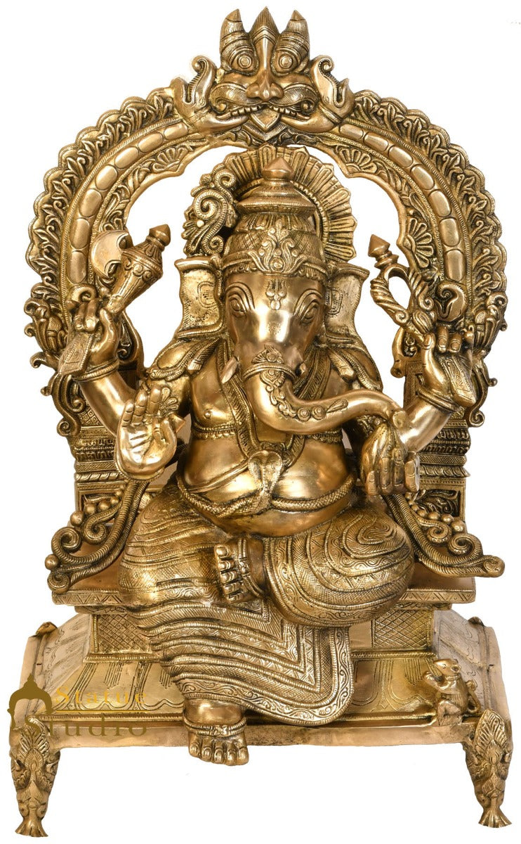 Brass Large Ganesha Idol Sitting On Throne Ganpati Statue Home Décor 2.5 Feet - Image 2