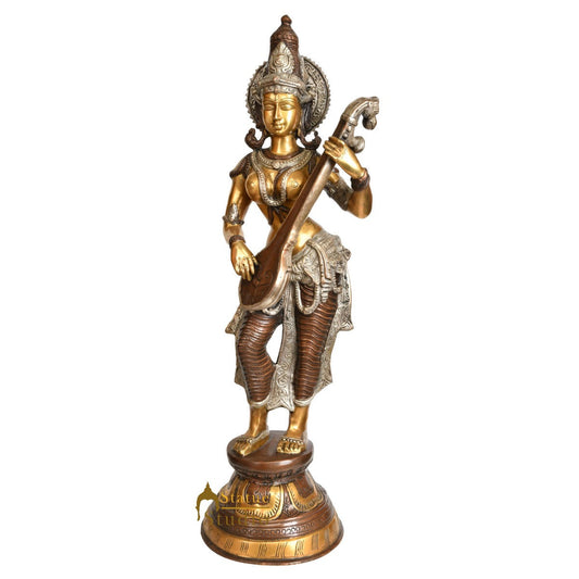 Brass Standing Saraswati Idol Home Temple Office Décor Statue Showpiece 28"