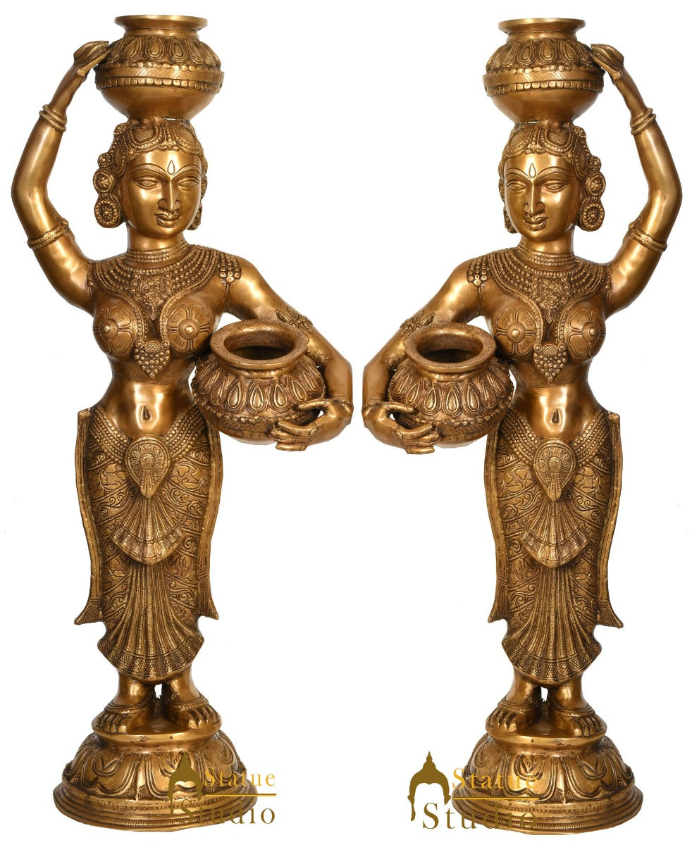 Brass Large Indian Matka Lady Gopi Pair Statue Home Décor Showpiece Idol 3 Feet - Eco-friendly - Sama Homes