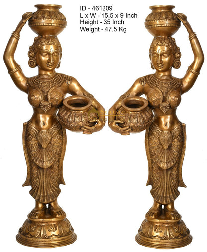 Brass Large Indian Matka Lady Gopi Pair Statue Home Décor Showpiece Idol 3 Feet by vendor-unknown - Decor (View 3)