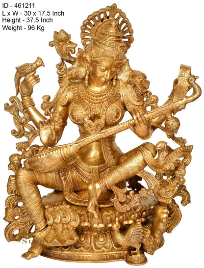 Brass Large Maa Saraswati Idol Home School Temple Office Décor Statue 3 Feet by vendor-unknown - Hindu Gods (View 4)