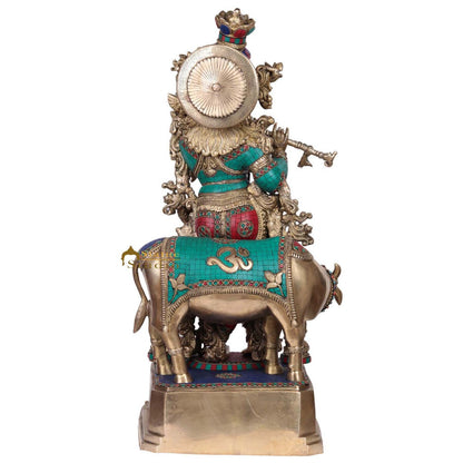 Brass Large Krishna With Cow Idol Home Office Garden Décor Gift Statue 28" by vendor-unknown - Hindu Gods (View 5)