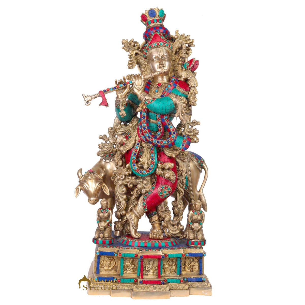 Brass Large Krishna With Cow Idol Home Office Garden Décor Gift Statue 28"