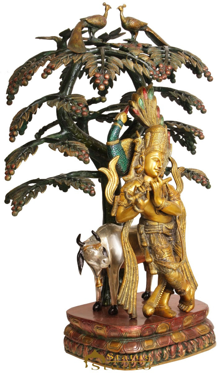 Brass Large Krishna Statue With Cow Under Tree 33 Inches