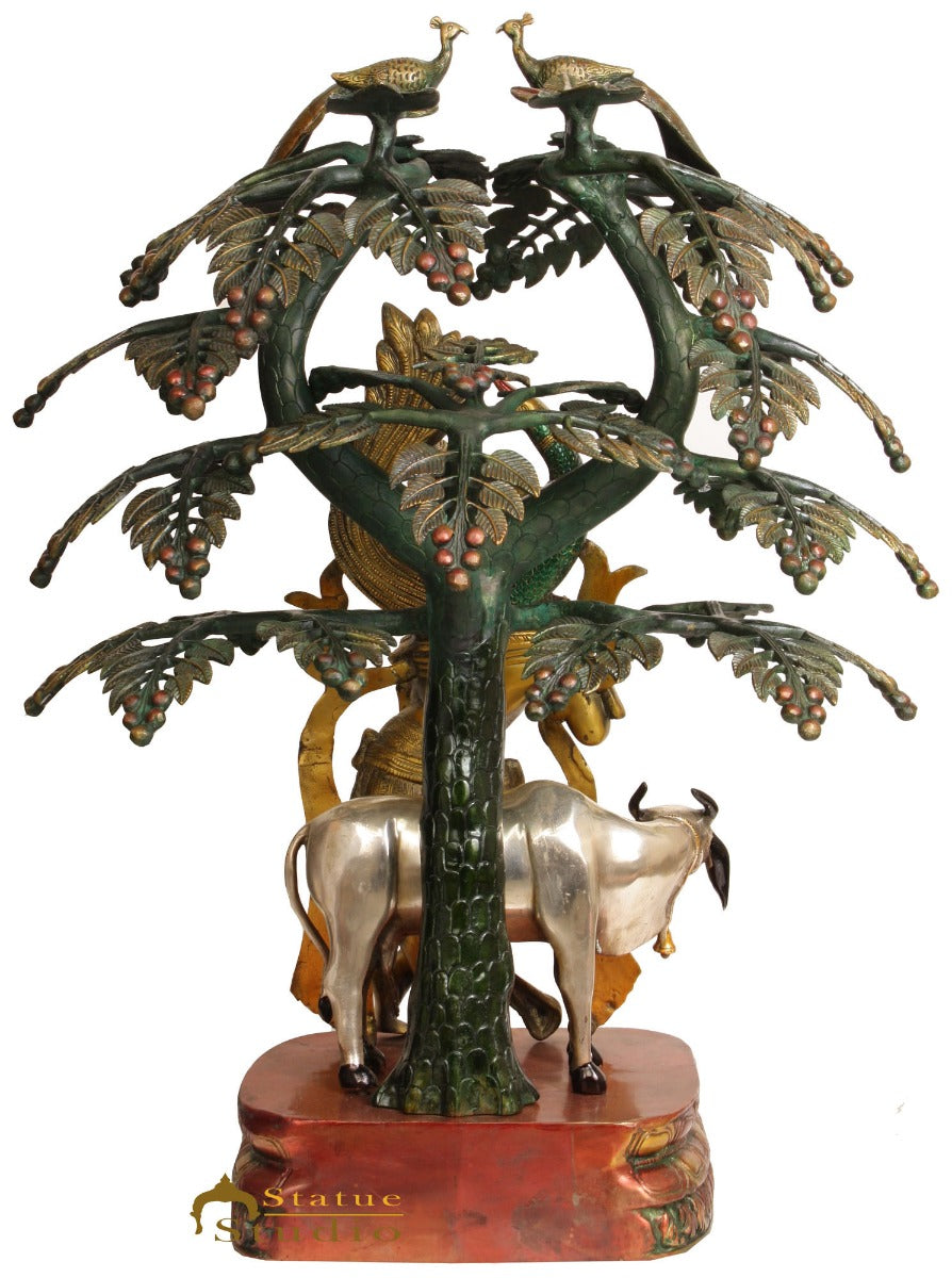Brass Large Krishna Statue With Cow Under Tree 33 Inches