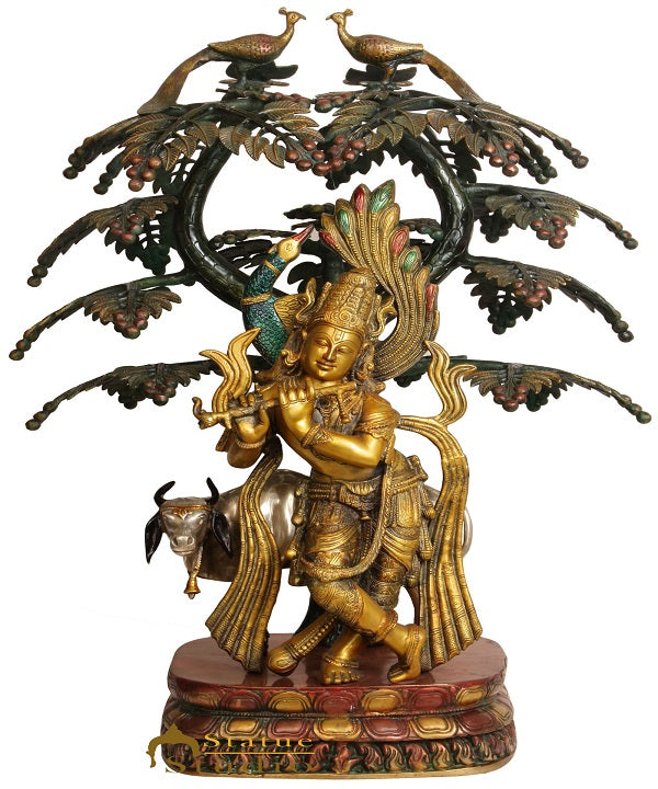 Brass Large Krishna Statue With Cow Under Tree 33 Inches - Image 3