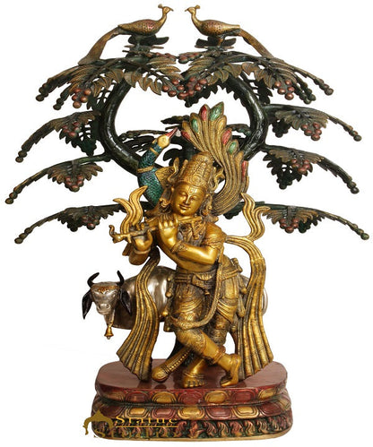Brass Large Krishna Statue With Cow Under Tree 33 Inches by vendor-unknown - Hindu Gods (View 3)