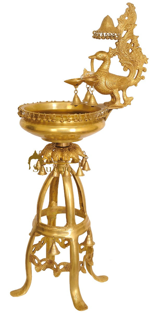 Brass Large Size Lamp With Urli Bowl Peacock And Ghungroo Bells Décor 3.5 Feet