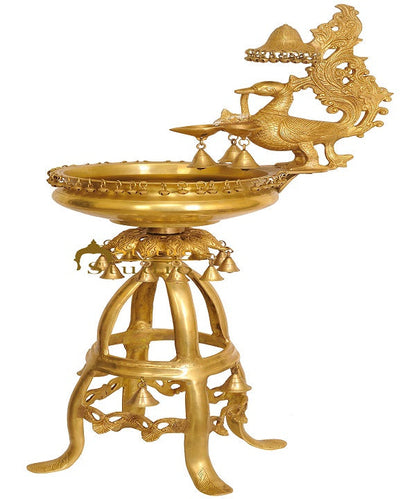 Brass Large Size Lamp With Urli Bowl Peacock And Ghungroo Bells Décor 3.5 Feet by vendor-unknown - Spiritual