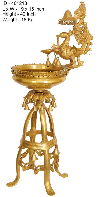 Brass Large Size Lamp With Urli Bowl Peacock And Ghungroo Bells Décor 3.5 Feet by vendor-unknown - Spiritual (View 3)