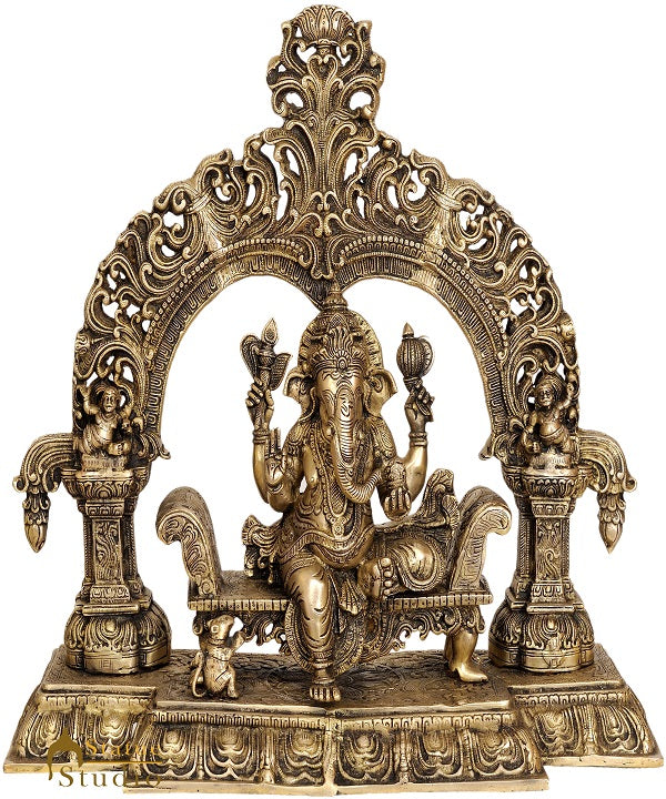 Brass Large Ganesha Statue On Throne Ganpati Idol Home Office Décor Showpiece - Eco-friendly - Sama Homes