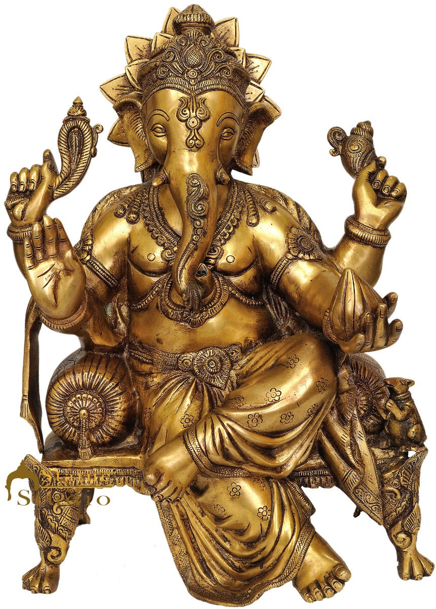 Brass Ganesha Idol Sitting On Chowki Ganpati Statue Home Office Décor Gift 20" - Image 2