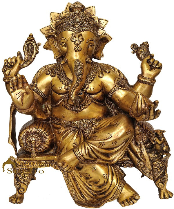 Brass Ganesha Idol Sitting On Chowki Ganpati Statue Home Office Décor Gift 20" - Eco-friendly - Sama Homes