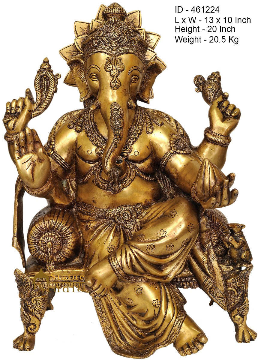 Brass Ganesha Idol Sitting On Chowki Ganpati Statue Home Office Décor Gift 20" - Image 4