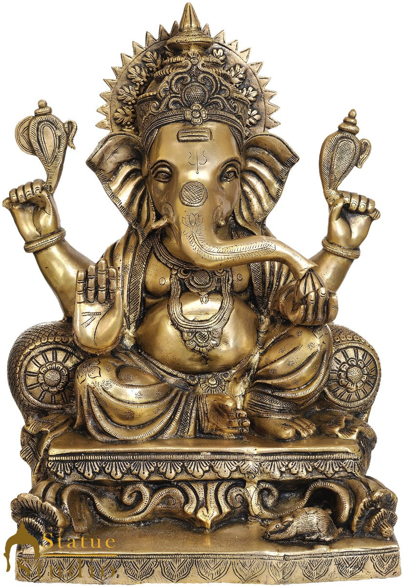 Brass Sitting Ganesha Idol Ganpati Statue Home Office Garden Temple Décor 1.5 Feet - Image 2