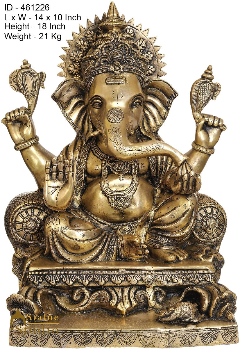 Brass Sitting Ganesha Idol Ganpati Statue Home Office Garden Temple Décor 1.5 Feet - Image 3