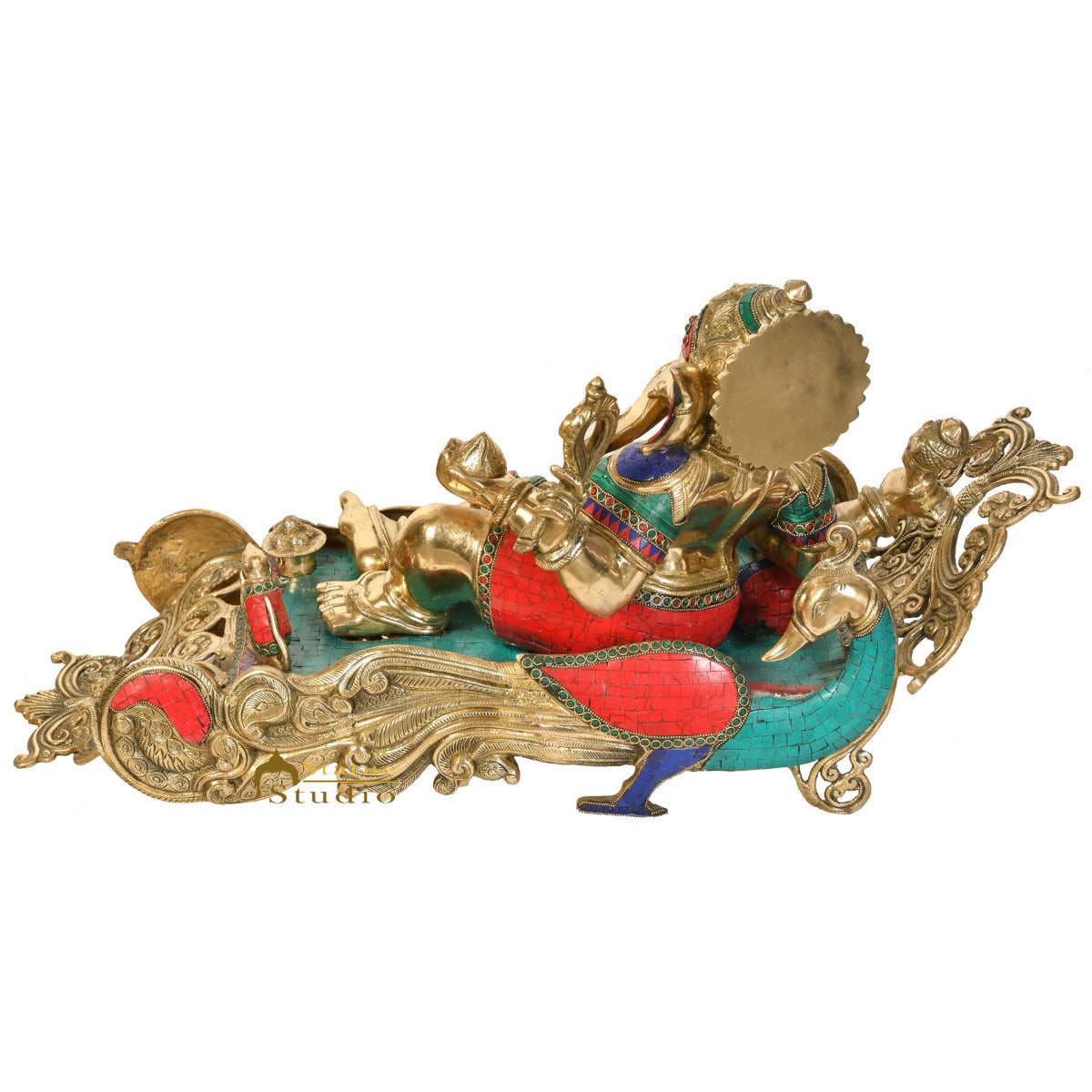 Brass Exclusive Resting Ganesha Statue On Peacock Recliner Ganpati Décor Idol - Image 3