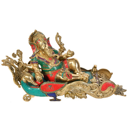 Brass Exclusive Resting Ganesha Statue On Peacock Recliner Ganpati Décor Idol by vendor-unknown - Hindu Gods (View 2)