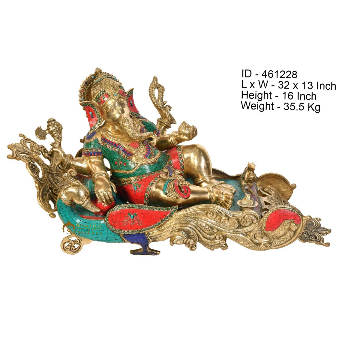 Brass Exclusive Resting Ganesha Statue On Peacock Recliner Ganpati Décor Idol - Image 4