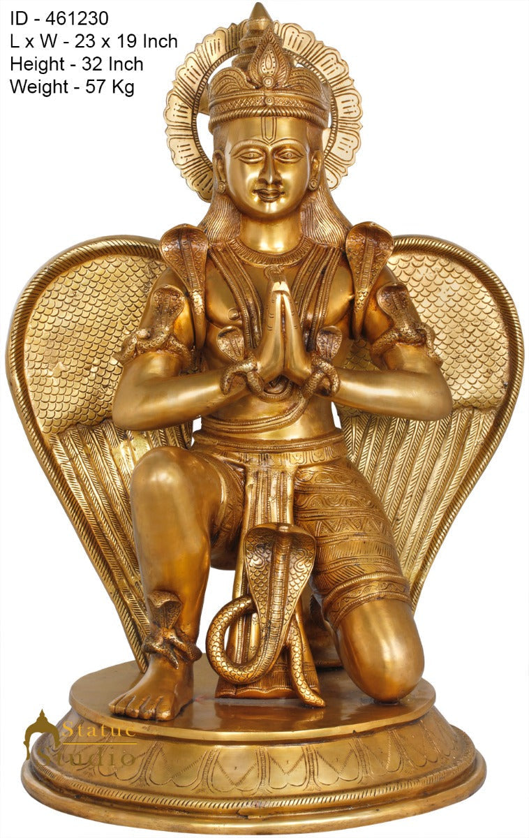 Brass Antique Large Garuda Idol Adorned With Snakes Temple Home Décor Statue