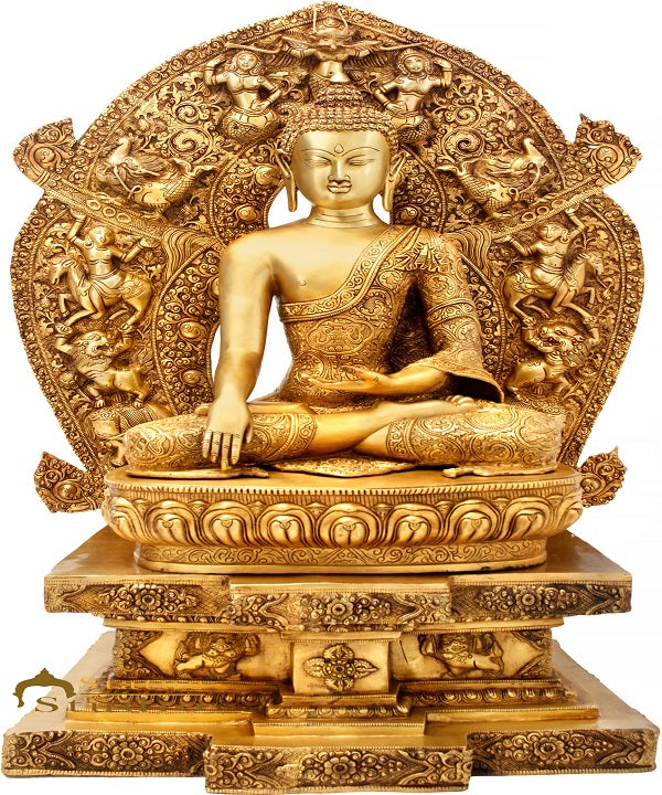 Brass Large Antique Buddha Statue Sitting On Throne Exclusive 3 Feet Masterpiece - Eco-friendly - Sama Homes