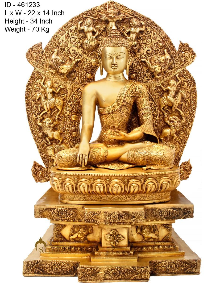 Brass Large Antique Buddha Statue Sitting On Throne Exclusive 3 Feet Masterpiece - Image 3