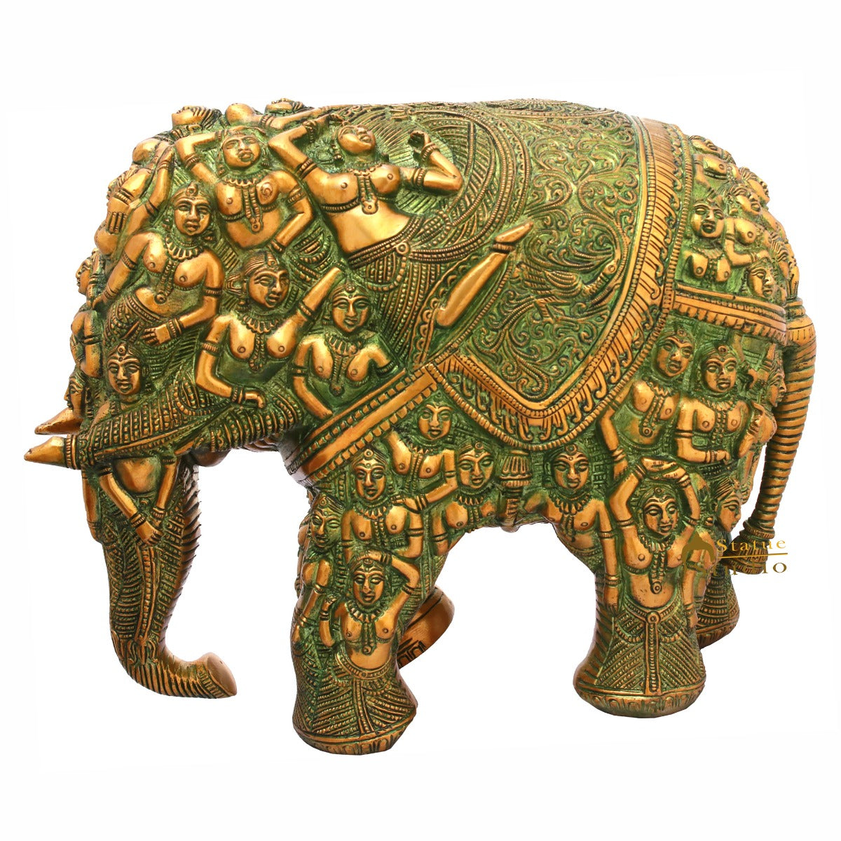 Brass Elephant Sculpture Carved With Ladies Home Garden Décor Showpiece 11" - Image 2